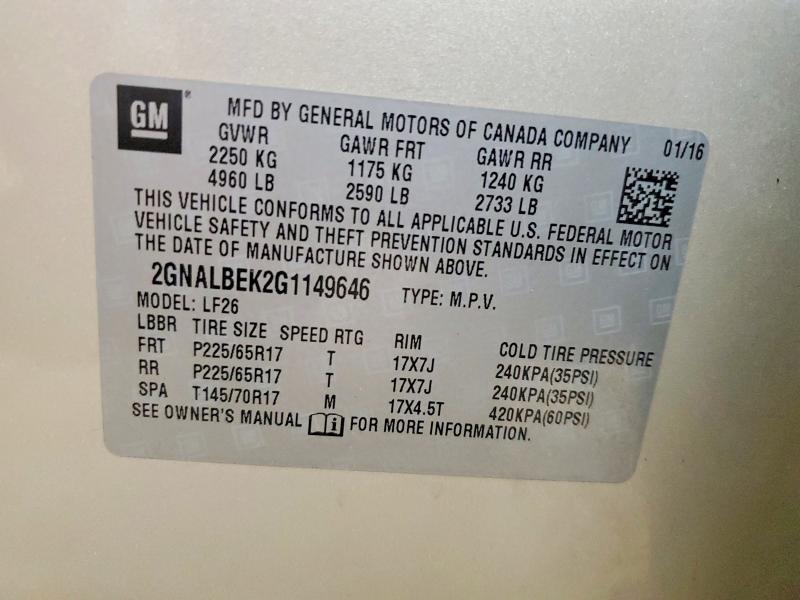 Aukcja sprzedaży 2016 Chevrolet Equinox, vin: 2GNALBEK2G1149646, numer aukcji: 50824166