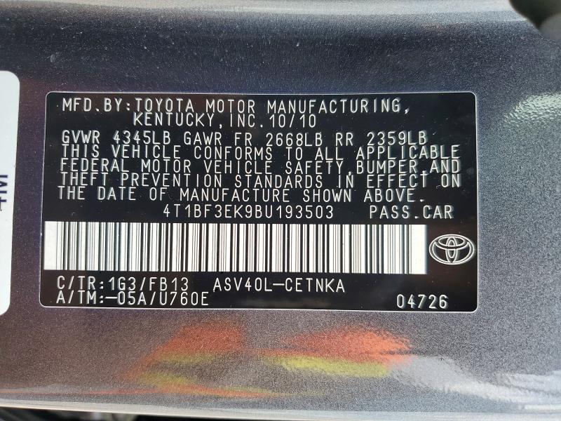 2011 Toyota Camry მანქანა იყიდება აუქციონზე, vin: 4T1BF3EK9BU193503, აუქციონის ნომერი: 53939156