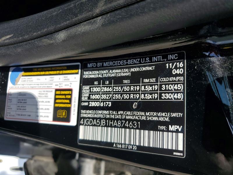 55046836 :رقم المزاد ، 4JGDA5JB1HA874631 vin ، 2017 Mercedes-benz Gle مزاد بيع