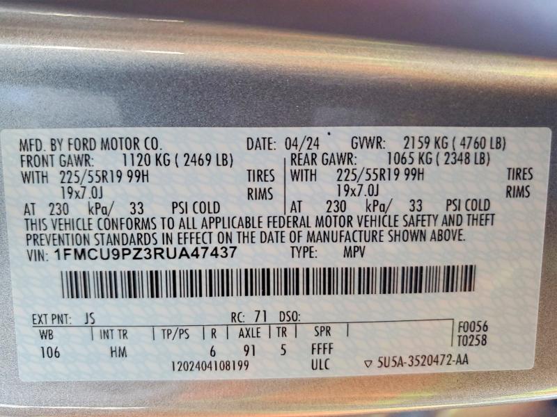 52431036 :رقم المزاد ، 1FMCU9PZ3RUA47437 vin ، 2024 Ford Escape مزاد بيع