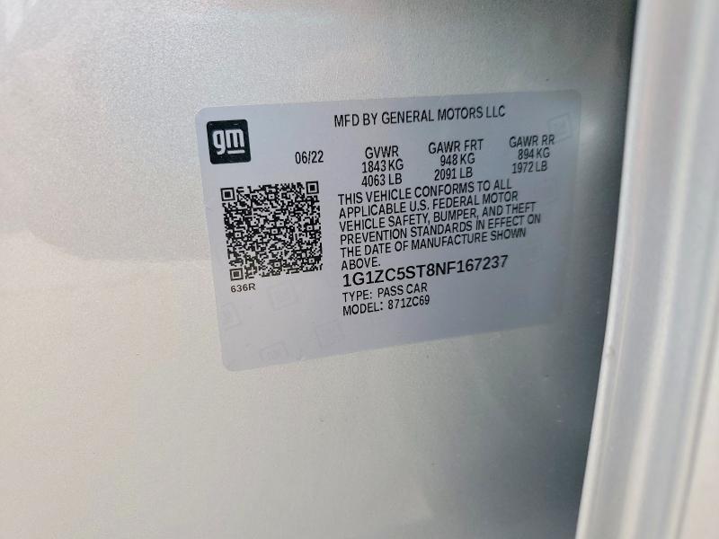 Продаж на аукціоні авто 2022 Chevrolet Malibu, vin: 1G1ZC5ST8NF167237, номер лоту: 52498956