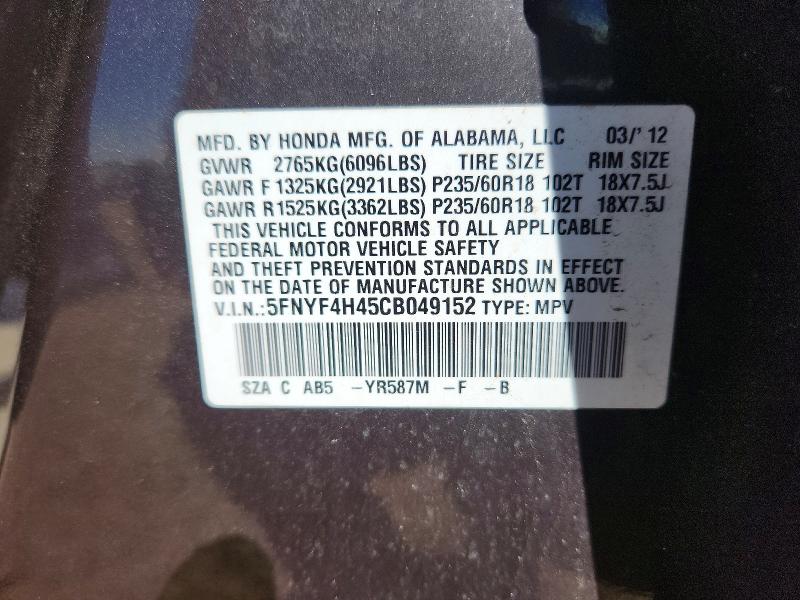 Aukcja sprzedaży 2012 Honda Pilot, vin: 5FNYF4H45CB049152, numer aukcji: 53774186