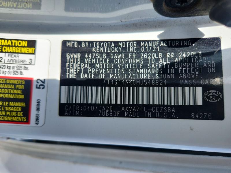 Aukcja sprzedaży 2021 Toyota Camry, vin: 4T1G11AK0MU548821, numer aukcji: 55180156