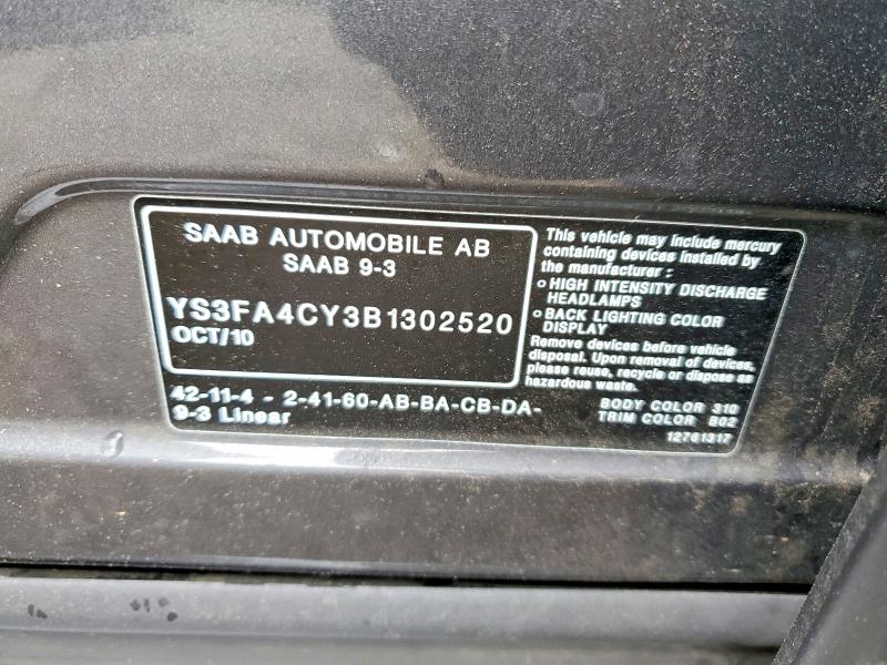 Aukcja sprzedaży 2011 Saab 9-3, vin: YS3FA4CY3B1302520, numer aukcji: 54584556