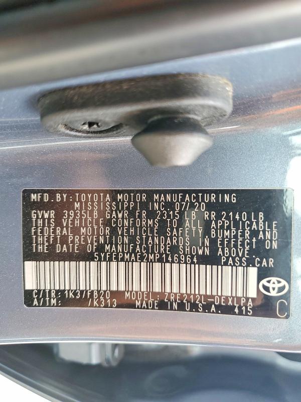 52012066 :رقم المزاد ، 5YFEPMAE2MP146964 vin ، 2021 Toyota Corolla مزاد بيع