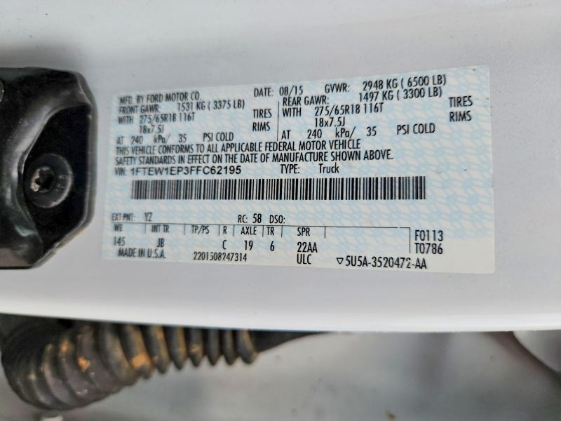 52909136 :رقم المزاد ، 1FTEW1EP3FFC62195 vin ، 2015 Ford F150 مزاد بيع