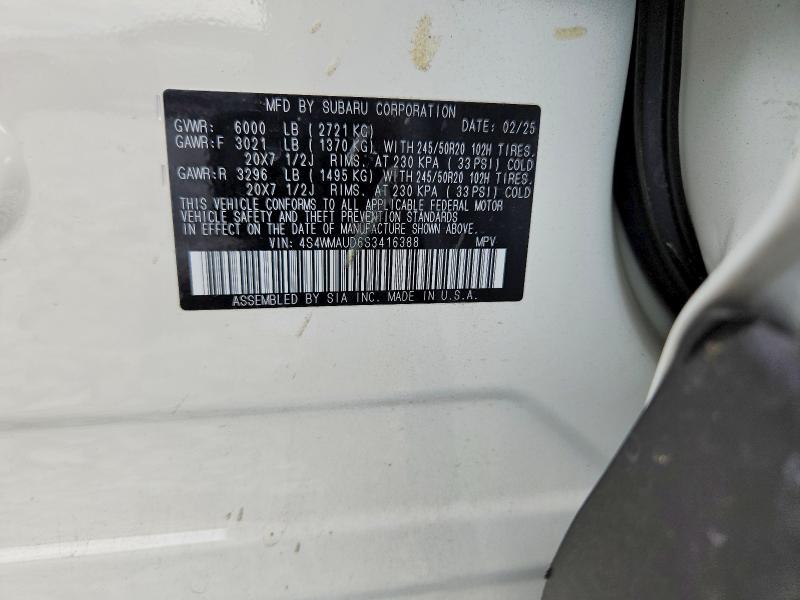 2025 Subaru Ascent მანქანა იყიდება აუქციონზე, vin: 4S4WMAUD6S3416388, აუქციონის ნომერი: 52762186