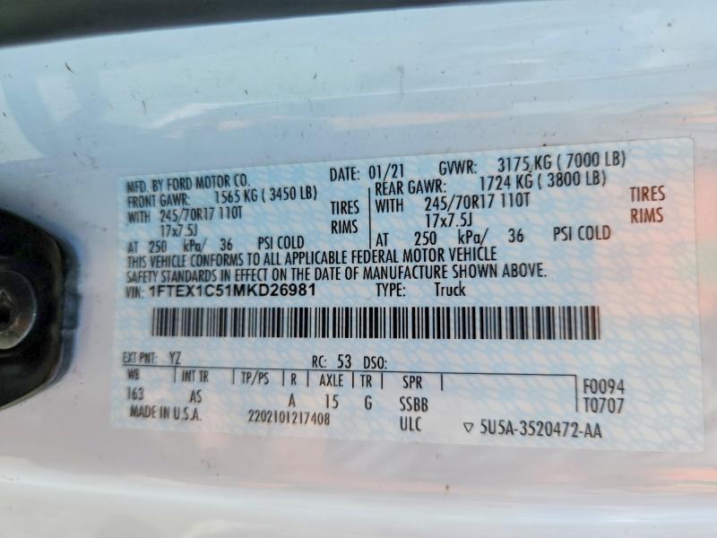 Продажа на аукционе авто 2021 Ford F150, vin: 1FTEX1C51MKD26981, номер лота: 50505926