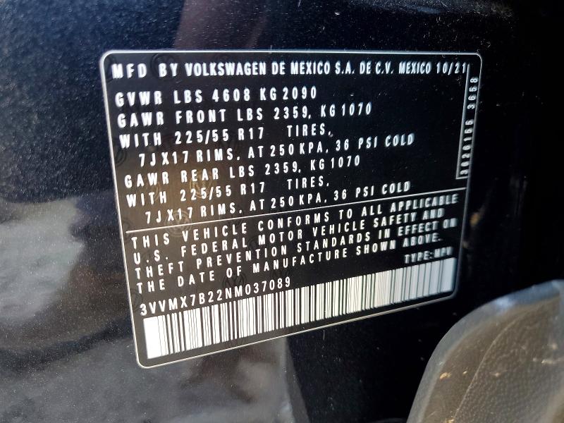 Продажа на аукционе авто 2022 Volkswagen Taos, vin: 3VVMX7B22NM037089, номер лота: 50044396