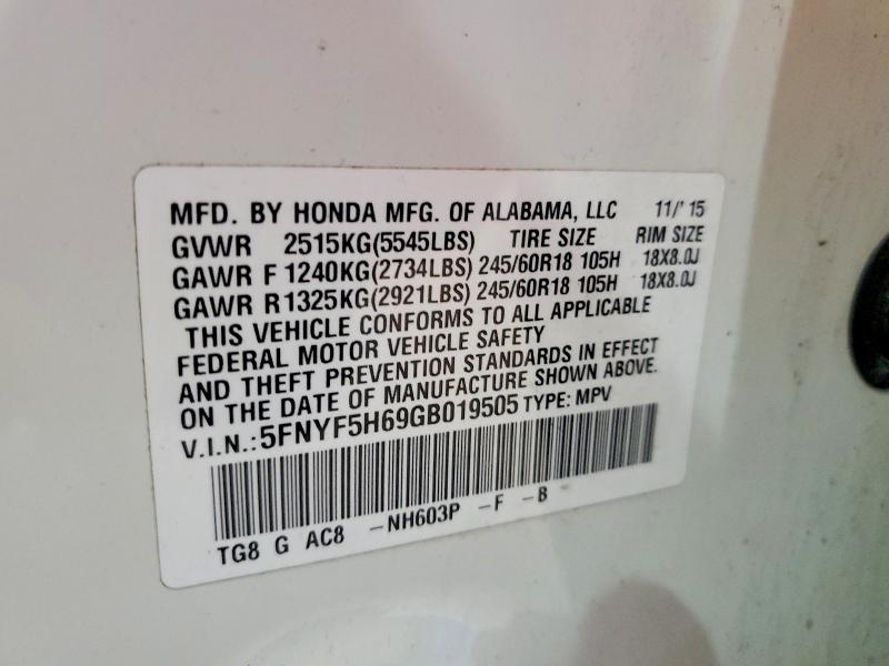 Продажа на аукционе авто 2016 Honda Pilot, vin: 5FNYF5H69GB019505, номер лота: 53166196