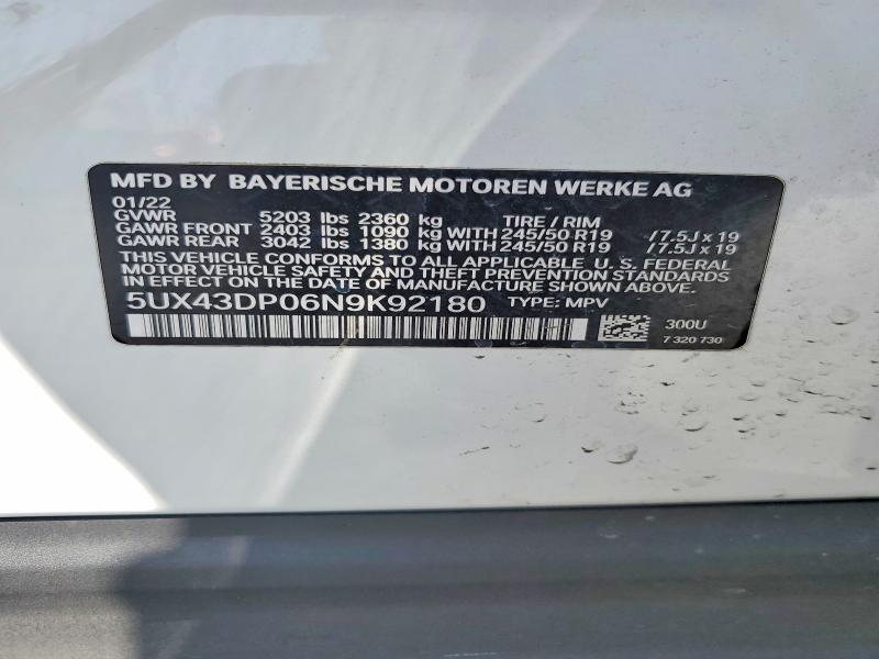 Aukcja sprzedaży 2022 Bmw X3, vin: 5UX43DP06N9K92180, numer aukcji: 53108136