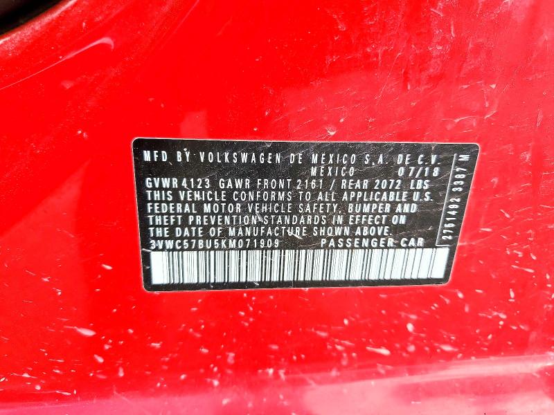 2019 Volkswagen Jetta მანქანა იყიდება აუქციონზე, vin: 3VWC57BU5KM071909, აუქციონის ნომერი: 52380476