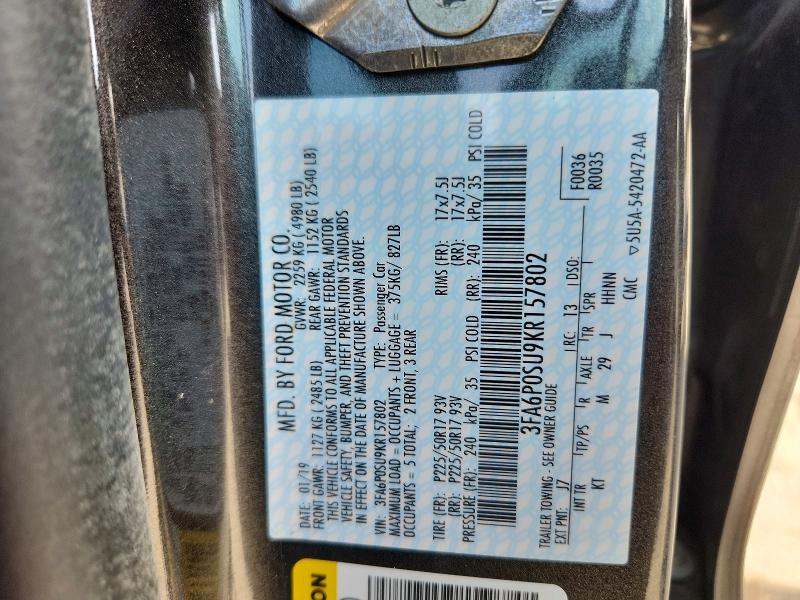 2019 Ford Fusion მანქანა იყიდება აუქციონზე, vin: 3FA6P0SU9KR157802, აუქციონის ნომერი: 52784686