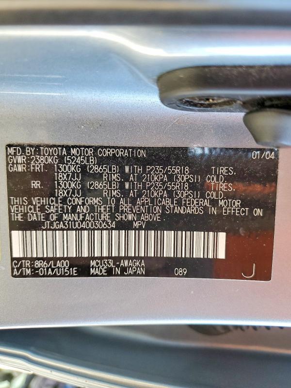 Aukcja sprzedaży 2004 Lexus Rx, vin: JTJGA31U040030634, numer aukcji: 52105496