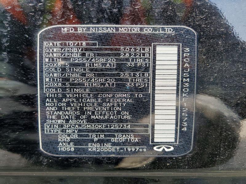 Aukcja sprzedaży 2019 Infiniti Qx50, vin: 3PCAJ5M30KF125734, numer aukcji: 52753116