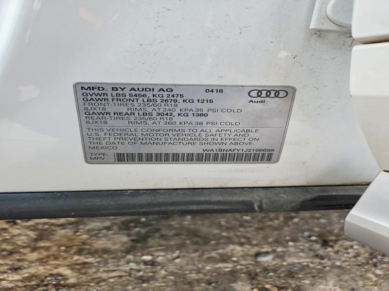 2018 Audi Q5 მანქანა იყიდება აუქციონზე, vin: WA1BNAFY1J2166699, აუქციონის ნომერი: 54100846