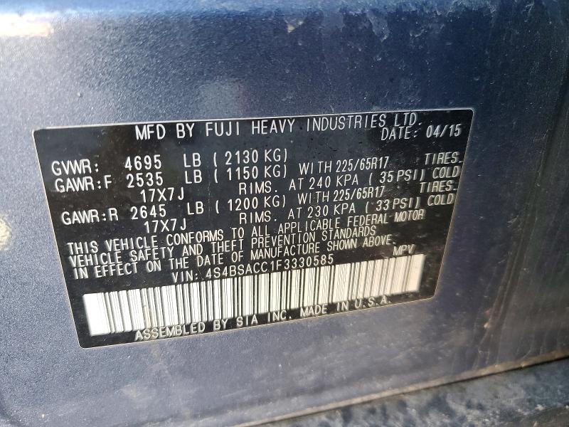2015 Subaru Outback მანქანა იყიდება აუქციონზე, vin: 4S4BSACC1F3330585, აუქციონის ნომერი: 54845816