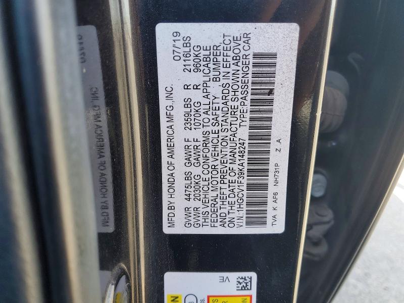 Продаж на аукціоні авто 2019 Honda Accord, vin: 1HGCV1F39KA148247, номер лоту: 54172756