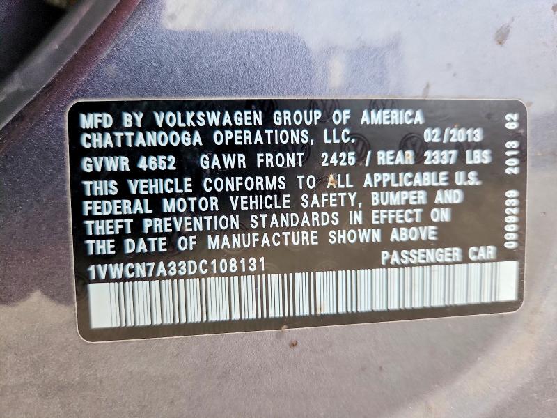 54339146 :رقم المزاد ، 1VWCN7A33DC108131 vin ، 2013 Volkswagen Passat مزاد بيع
