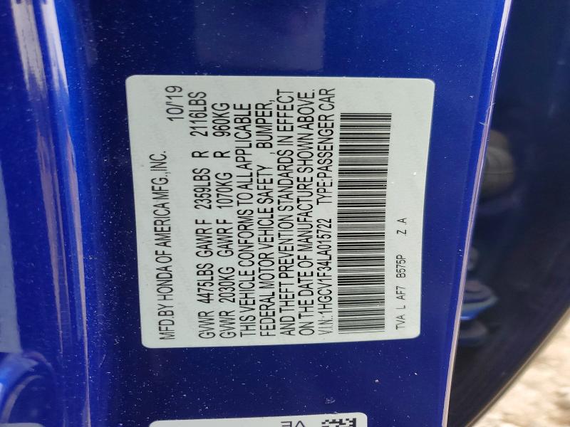 54524676 :رقم المزاد ، 1HGCV1F34LA015722 vin ، 2020 Honda Accord مزاد بيع