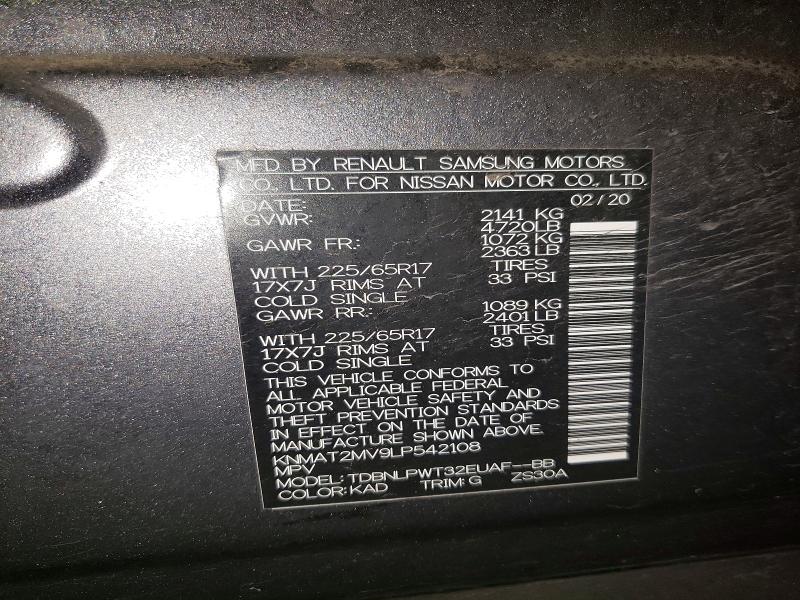 54622876 :رقم المزاد ، KNMAT2MV9LP542108 vin ، 2020 Nissan Rogue مزاد بيع