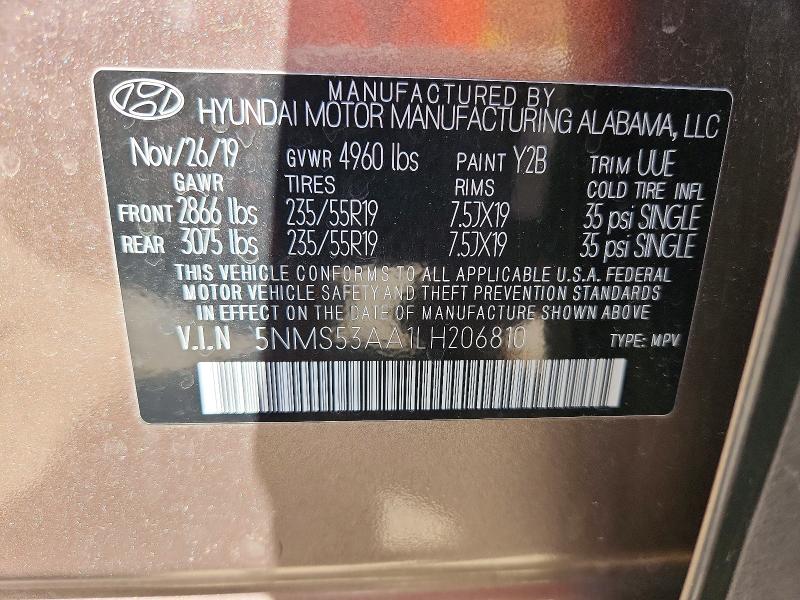 Aukcja sprzedaży 2020 Hyundai Santa Fe, vin: 5NMS53AA1LH206810, numer aukcji: 51917096