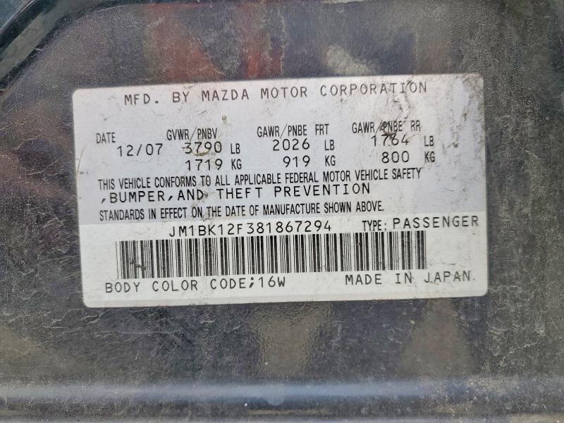Aukcja sprzedaży 2008 Mazda 3, vin: JM1BK12F381867294, numer aukcji: 55043926