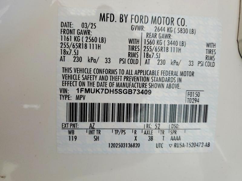 52966706 :رقم المزاد ، 1FMUK7DH5SGB73409 vin ، 2025 Ford Explorer مزاد بيع