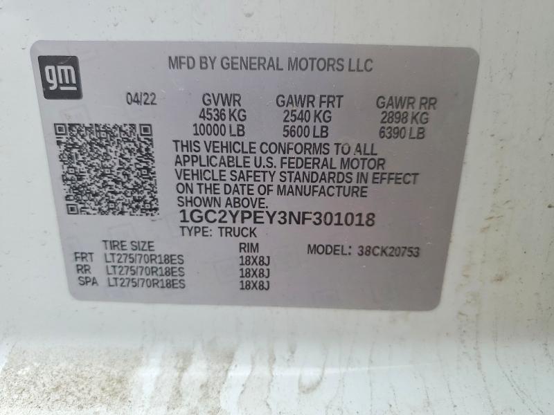 52326956 :رقم المزاد ، 1GC2YPEY3NF301018 vin ، 2022 Chevrolet Silverado مزاد بيع