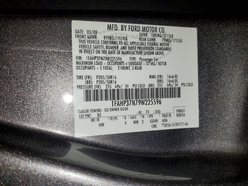 53394696 :رقم المزاد ، 1FAHP37N79W225596 vin ، 2009 Ford Focus مزاد بيع