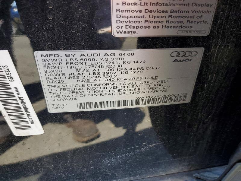 54448936 :رقم المزاد ، WA1BV74L88D064289 vin ، 2008 Audi Q7 مزاد بيع