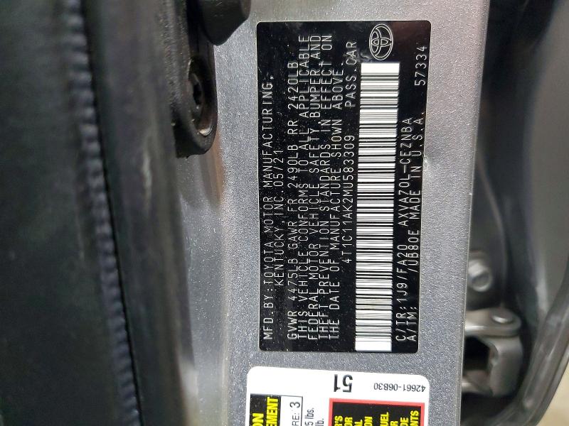 Продаж на аукціоні авто 2021 Toyota Camry, vin: 4T1C11AK2MU583309, номер лоту: 53286416