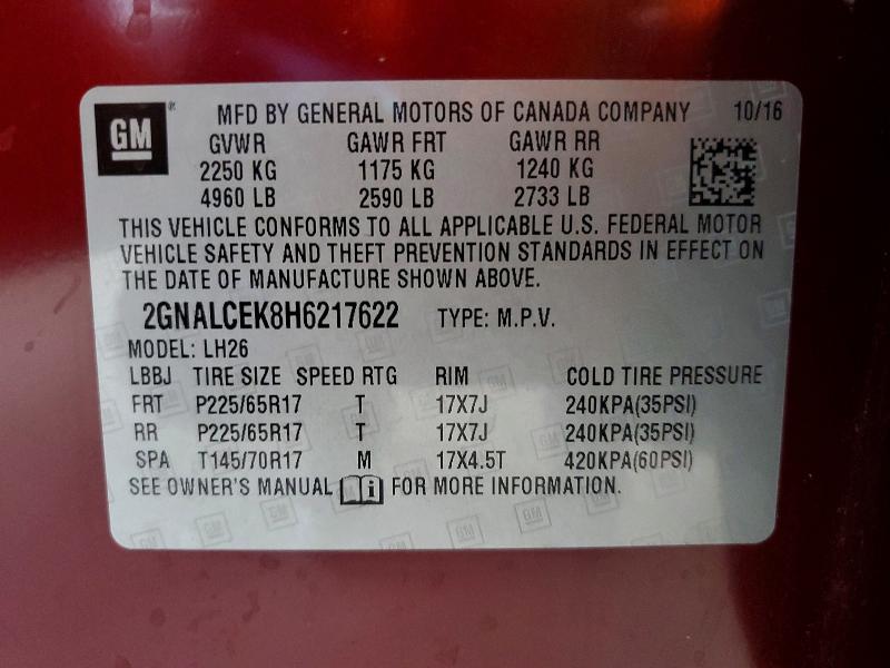 54962746 :رقم المزاد ، 2GNALCEK8H6217622 vin ، 2017 Chevrolet Equinox مزاد بيع