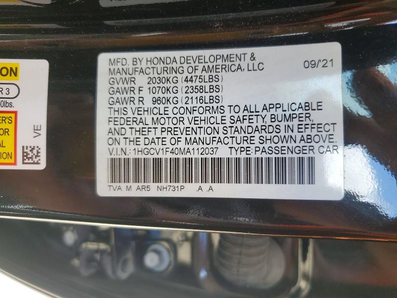Продаж на аукціоні авто 2021 Honda Accord, vin: 1HGCV1F40MA112037, номер лоту: 53925946