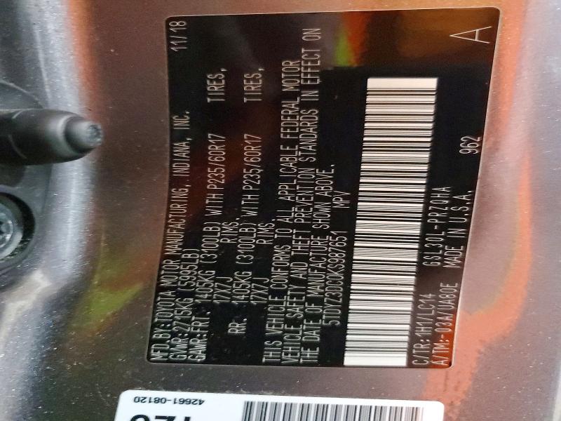 54644956 :رقم المزاد ، 5TDYZ3DC0KS987651 vin ، 2019 Toyota Sienna مزاد بيع