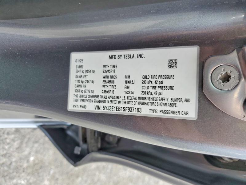 2025 Tesla Model 3 მანქანა იყიდება აუქციონზე, vin: 5YJ3E1EB1SF937183, აუქციონის ნომერი: 54960396