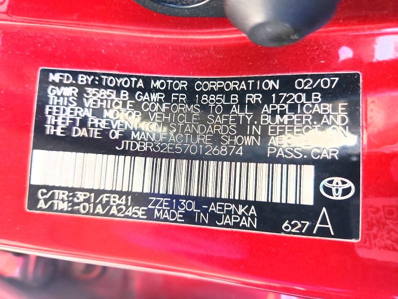 Aukcja sprzedaży 2007 Toyota Corolla, vin: JTDBR32E570126874, numer aukcji: 51779656