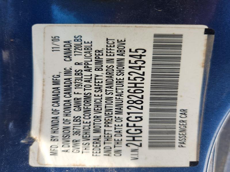 Aukcja sprzedaży 2006 Honda Civic, vin: 2HGFG12826H524545, numer aukcji: 53512126