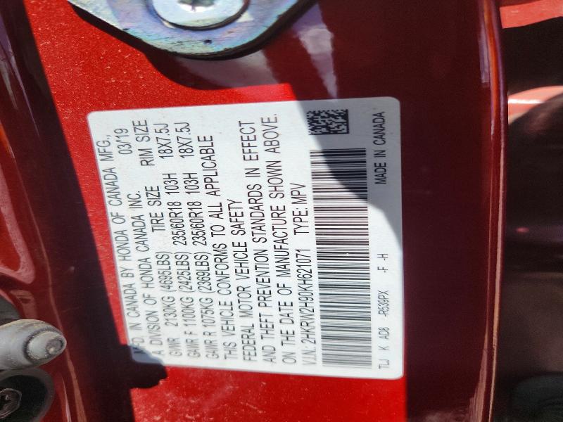54881696 :رقم المزاد ، 2HKRW2H90KH621071 vin ، 2019 Honda Cr-v مزاد بيع