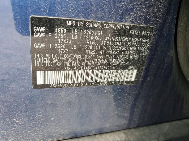 Aukcja sprzedaży 2021 Subaru Outback, vin: 4S4BTADC3M3197420, numer aukcji: 52434256