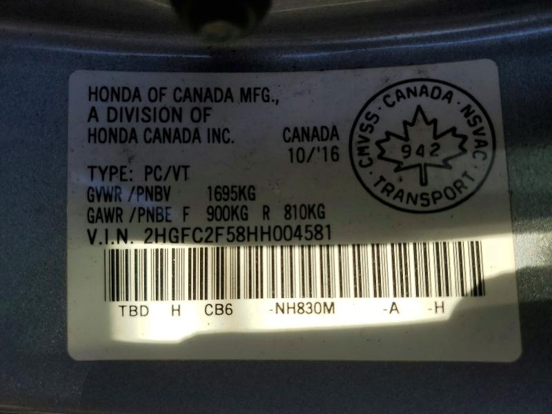 2017 Honda Civic მანქანა იყიდება აუქციონზე, vin: 2HGFC2F58HH004581, აუქციონის ნომერი: 53850896