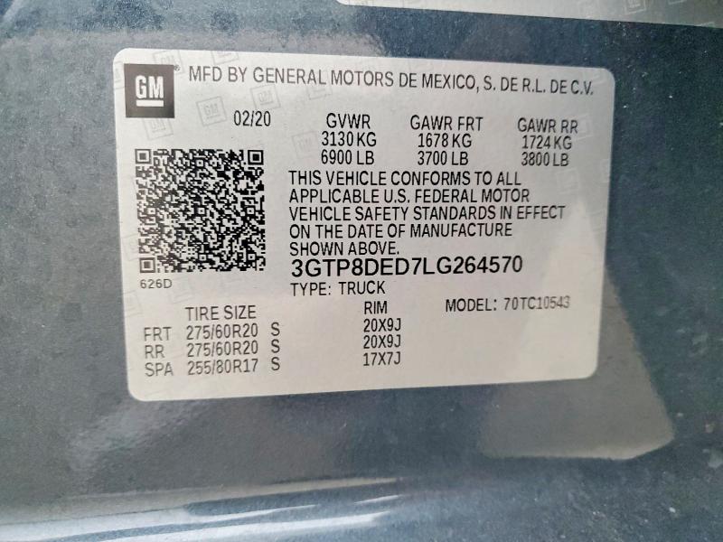 2020 Gmc Sierra მანქანა იყიდება აუქციონზე, vin: 3GTP8DED7LG264570, აუქციონის ნომერი: 54204456