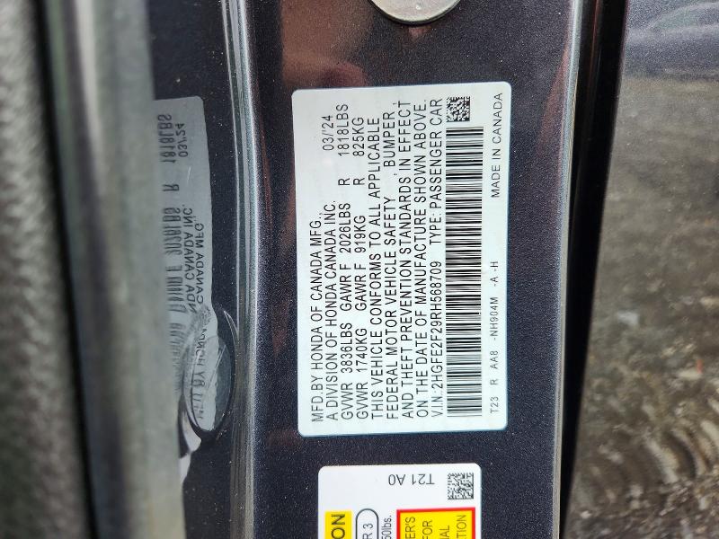 Продаж на аукціоні авто 2024 Honda Civic, vin: 2HGFE2F29RH568709, номер лоту: 52607846