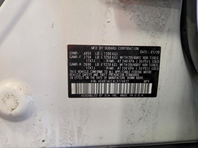 2020 Subaru Outback მანქანა იყიდება აუქციონზე, vin: 4S4BTACC4L3174812, აუქციონის ნომერი: 54089556