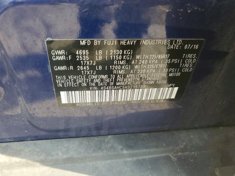 54222276 :رقم المزاد ، 4S4BSAHC5H3215788 vin ، 2017 Subaru Outback مزاد بيع