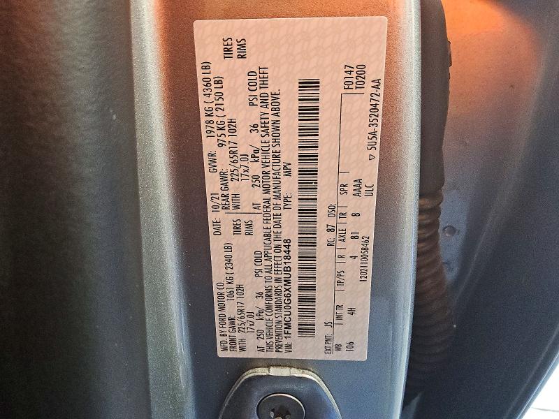 Aukcja sprzedaży 2021 Ford Escape, vin: 1FMCU0G6XMUB18448, numer aukcji: 50106516