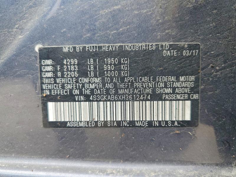 54310856 :رقم المزاد ، 4S3GKAB6XH3612474 vin ، 2017 Subaru Impreza مزاد بيع