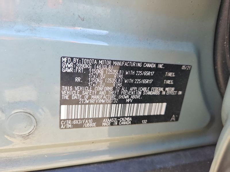 2021 Toyota Rav4 მანქანა იყიდება აუქციონზე, vin: 2T3W1RFVXMW150732, აუქციონის ნომერი: 54322976