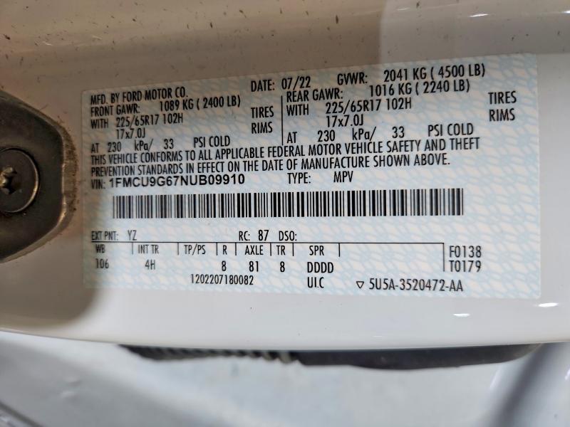 Продаж на аукціоні авто 2022 Ford Escape, vin: 1FMCU9G67NUB09910, номер лоту: 51502486