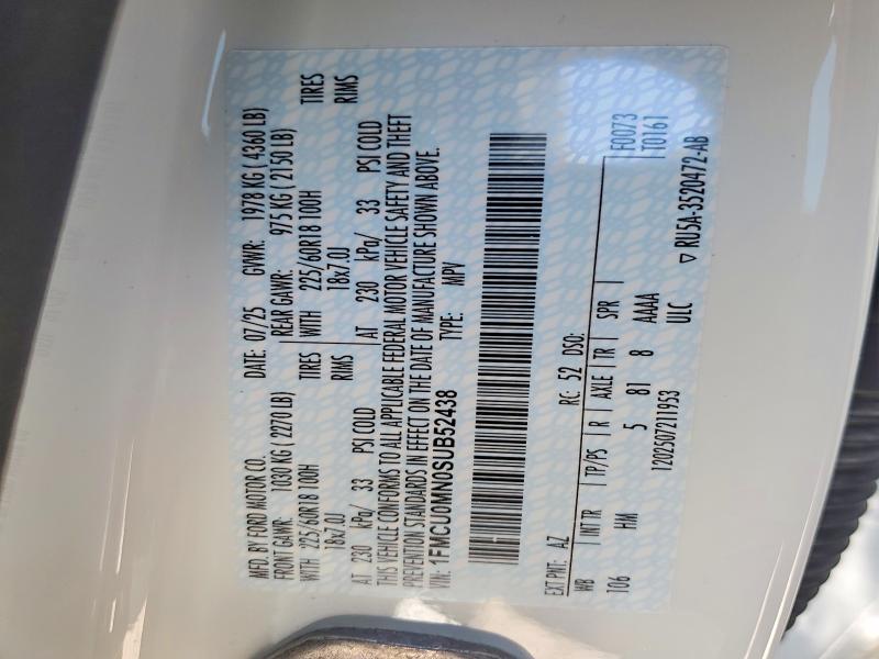 53602116 :رقم المزاد ، 1FMCU0MN0SUB52438 vin ، 2025 Ford Escape مزاد بيع